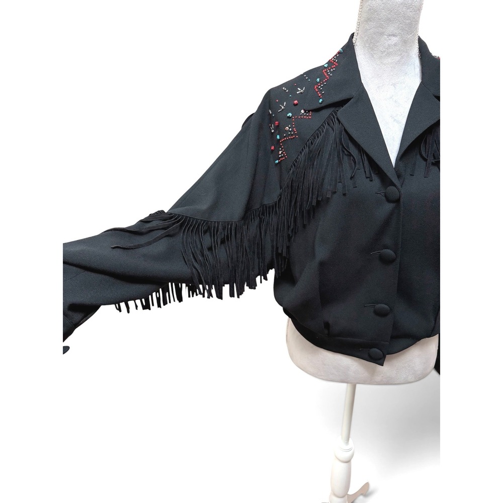 CAROLE‎ LITTLE Fringe Western Jacket Womens 6 Black Beaded Vintage Southwestern